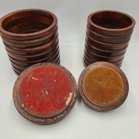 Vintage 50s 60s Wood Canisters Set Brown Cylindrical with Covers Lot of 2 - Picture 3 of 7